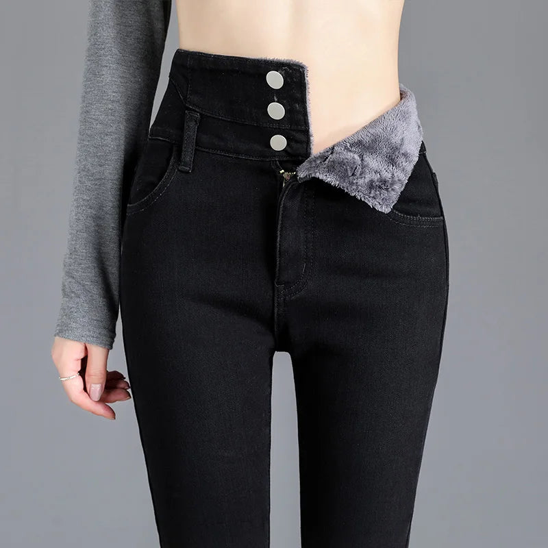 Fleece High-waist Warm Skinny Jeans Pants