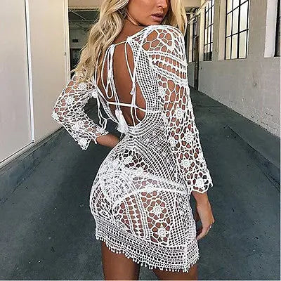 Swimwear Cover Up Women White Lace Tunic Beach Dress