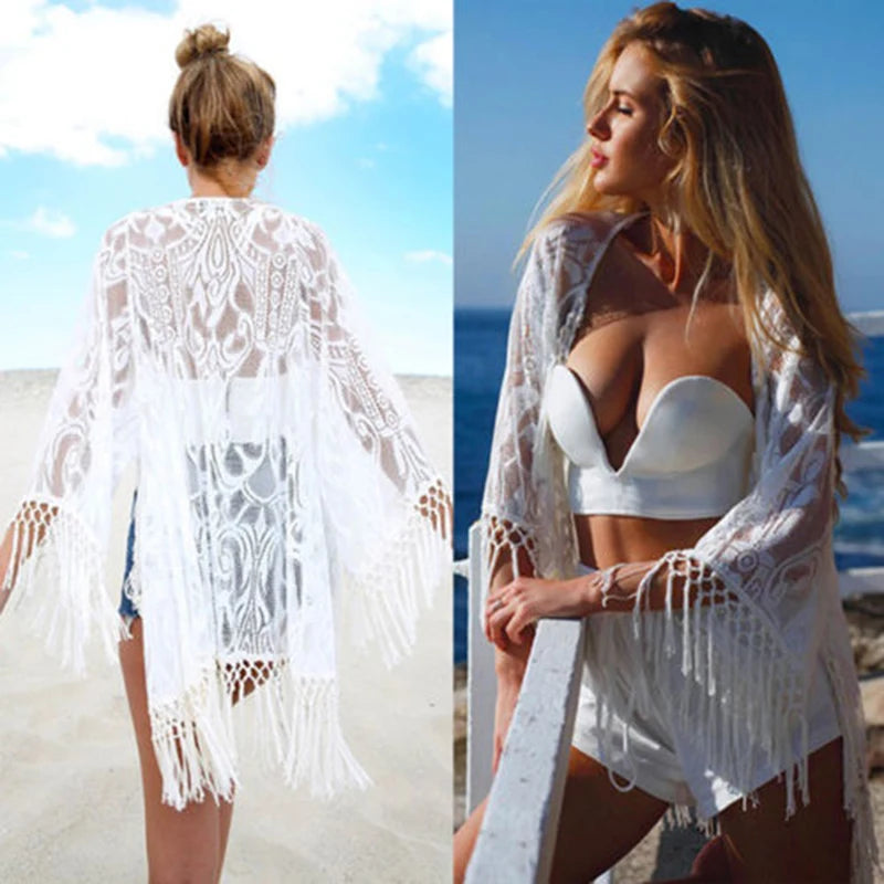 Swimwear Cover Up Women White Lace Tunic Beach Dress