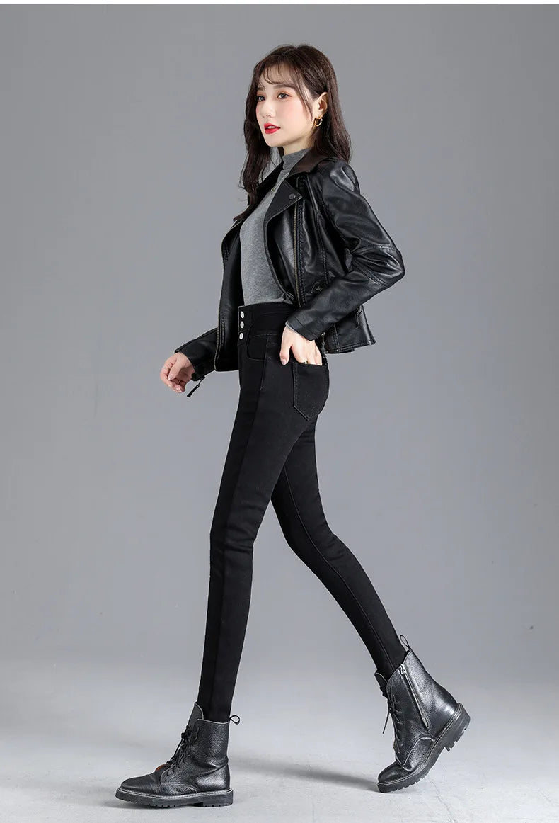 Fleece High-waist Warm Skinny Jeans Pants