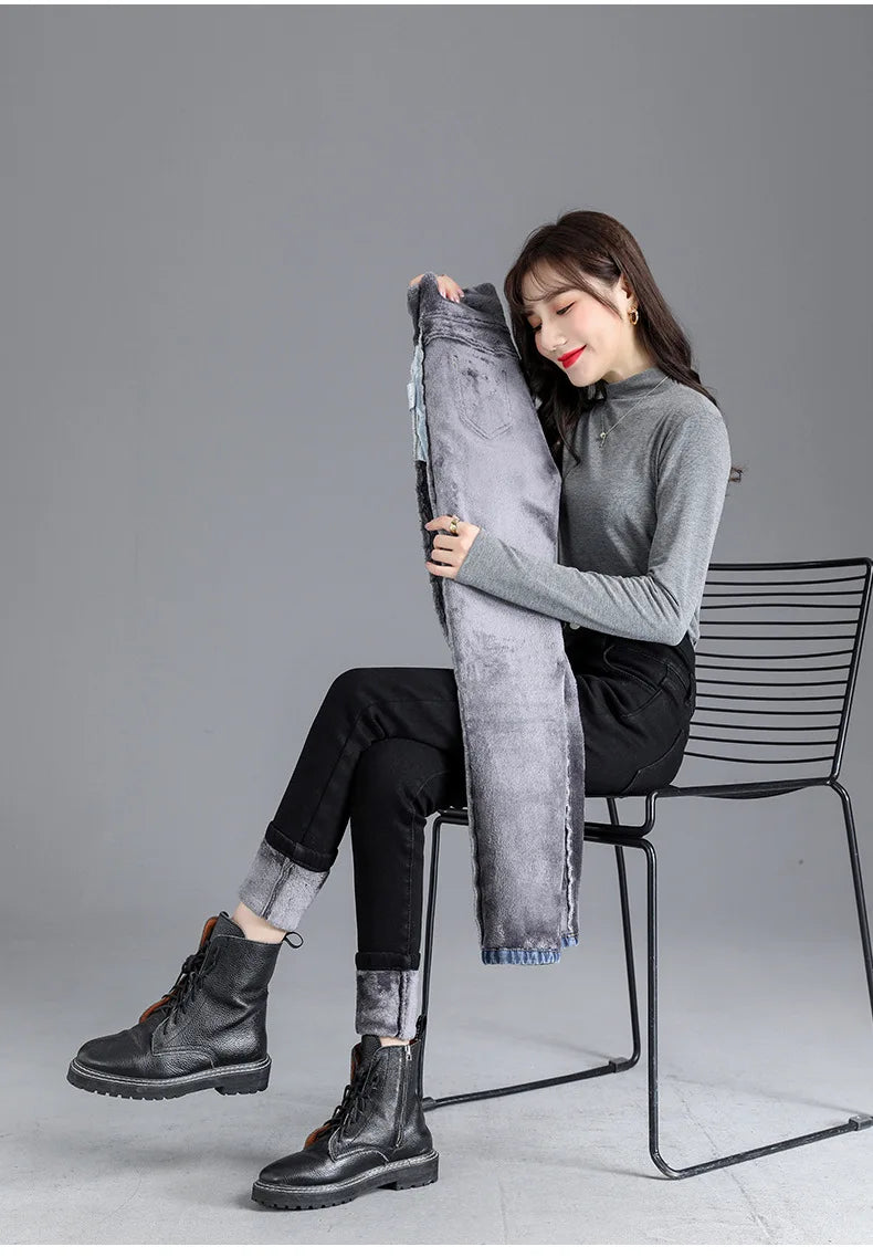 Fleece High-waist Warm Skinny Jeans Pants