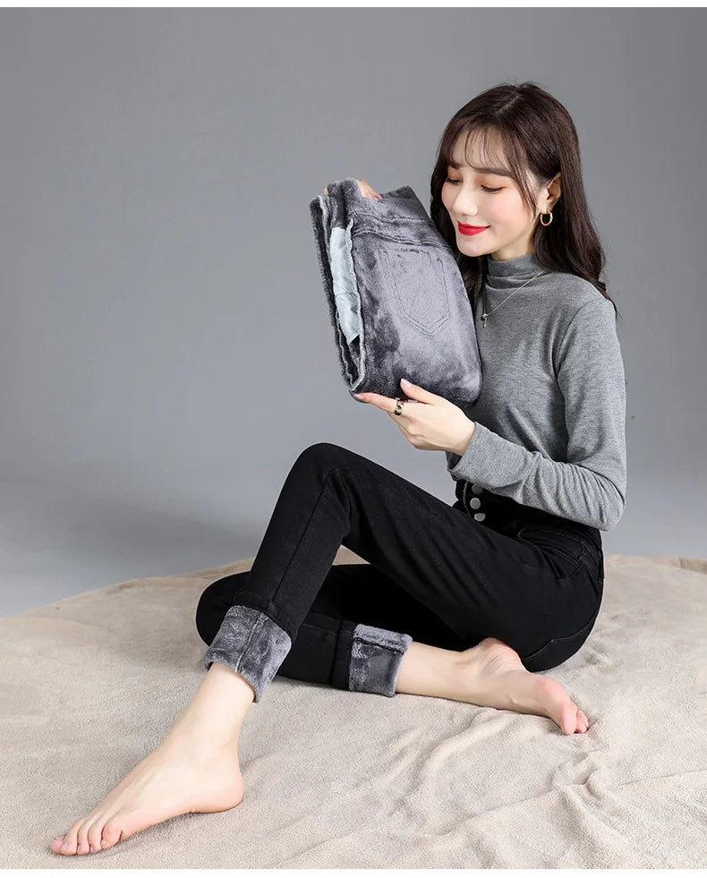 Fleece High-waist Warm Skinny Jeans Pants