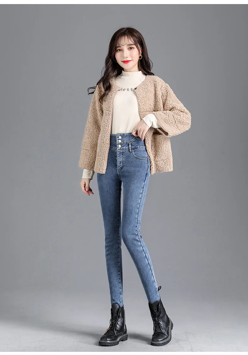 Fleece High-waist Warm Skinny Jeans Pants