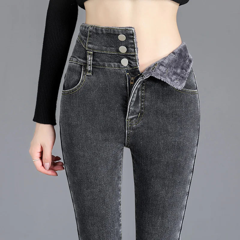 Fleece High-waist Warm Skinny Jeans Pants