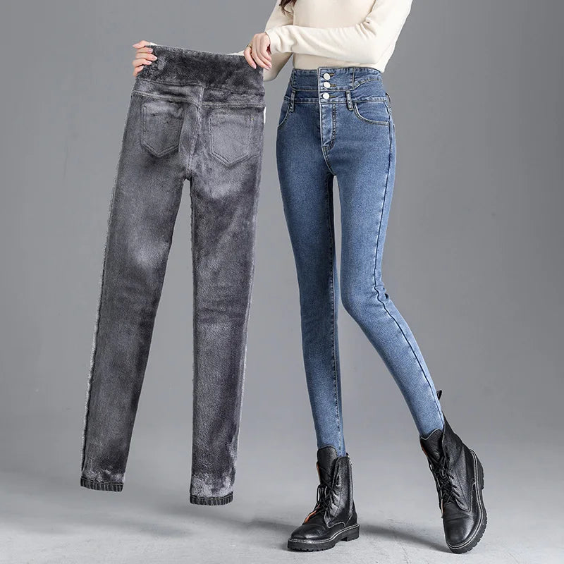 Fleece High-waist Warm Skinny Jeans Pants