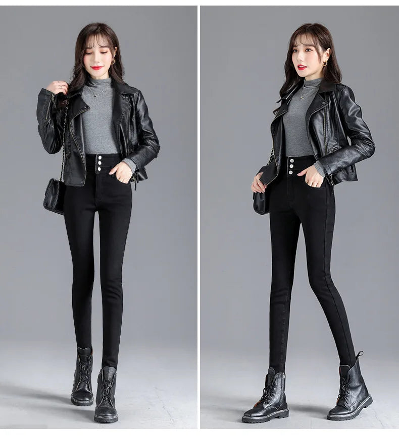 Fleece High-waist Warm Skinny Jeans Pants