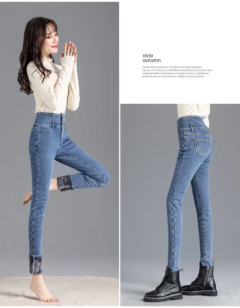 Fleece High-waist Warm Skinny Jeans Pants