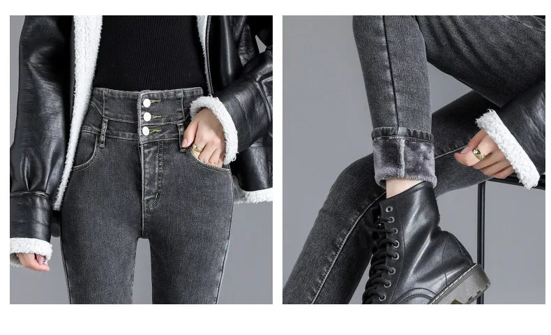 Fleece High-waist Warm Skinny Jeans Pants