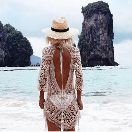 Swimwear Cover Up Women White Lace Tunic Beach Dress