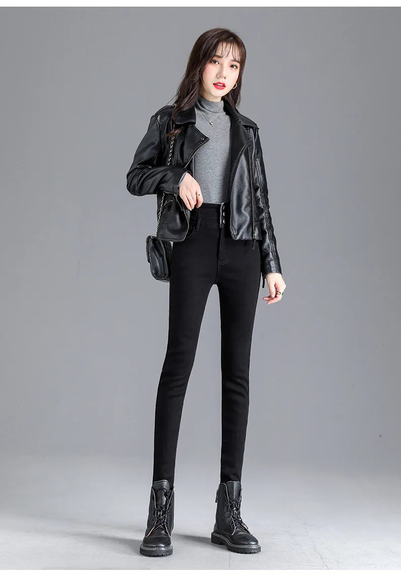 Fleece High-waist Warm Skinny Jeans Pants