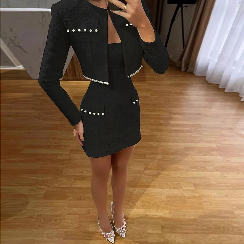 Long Sleeve Coat And Mini Dress Two Piece Sets