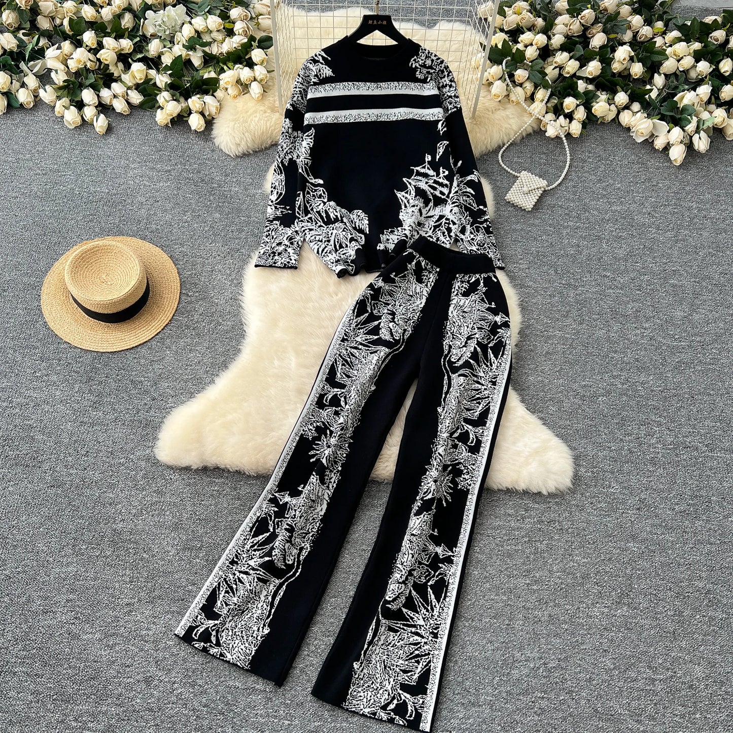 Two Pieces Suits Women Long Sleeve O Neck Sweater+Wide Leg Pants