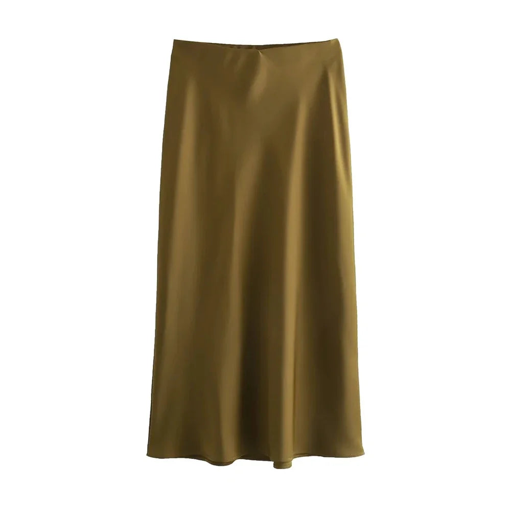 Women's Flowing Satin Midi Skirt, High Waist With Elastic Waistband, Female Skirts, Chic Fashion