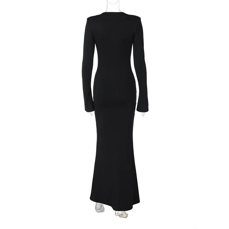 Long Sleeve O-neck Solid Long Dress