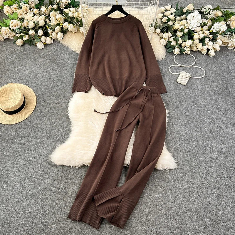 2 Piece Sets Long Sleeve O-Neck Sweater and Wide Leg Pants