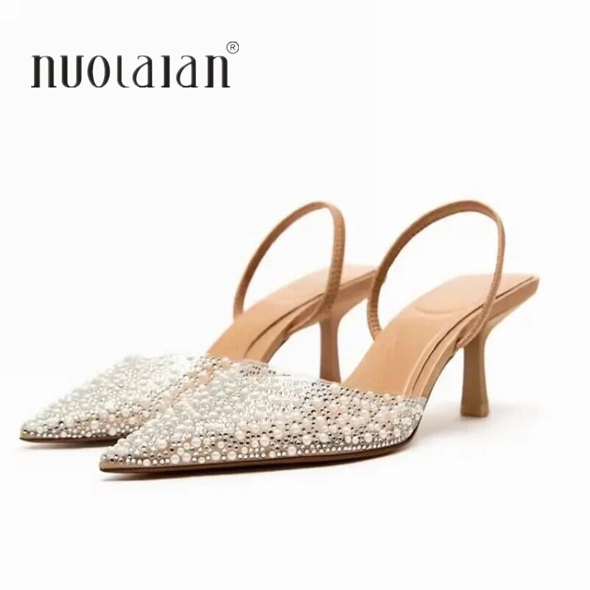 High Heels Pearl Decoration Slingback Woman Pumps Shoes