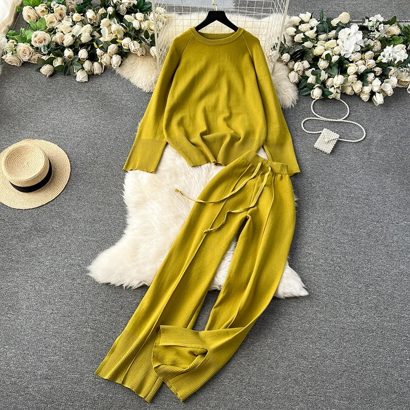 2 Piece Sets Long Sleeve O-Neck Sweater and Wide Leg Pants