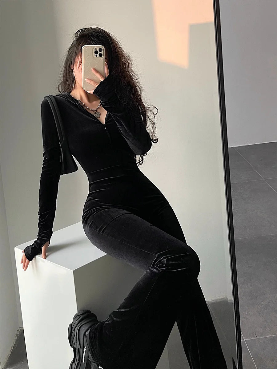 Black Velvet Slim Hooded Jumpsuit Rompers