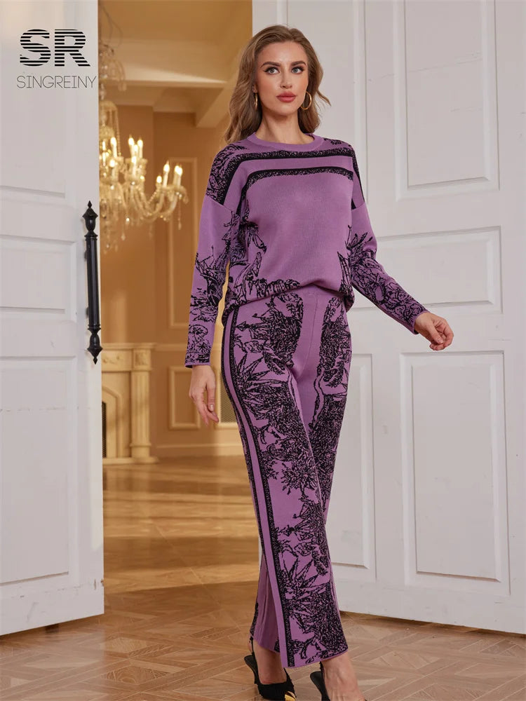 Two Pieces Suits Women Long Sleeve O Neck Sweater+Wide Leg Pants