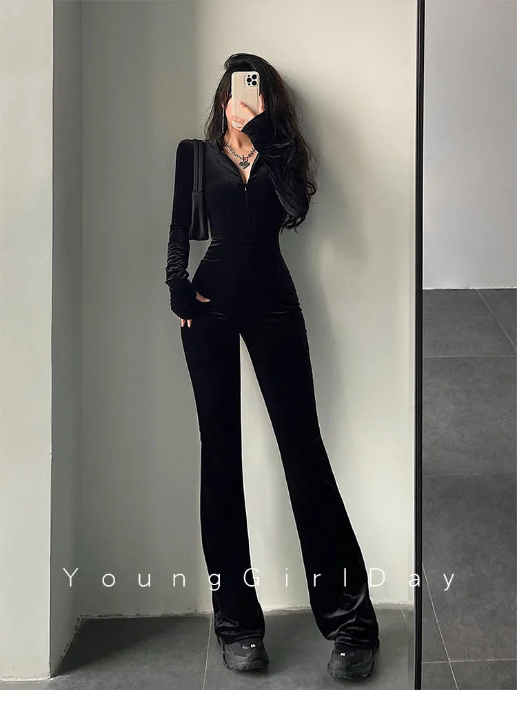 Black Velvet Slim Hooded Jumpsuit Rompers