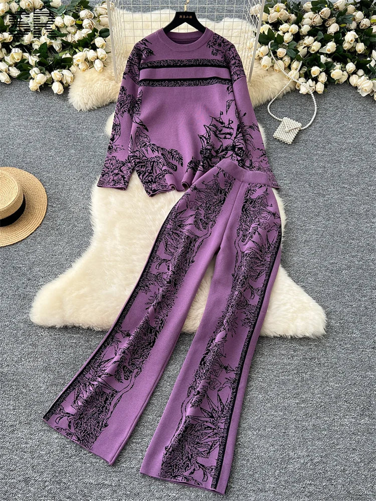 Two Pieces Suits Women Long Sleeve O Neck Sweater+Wide Leg Pants