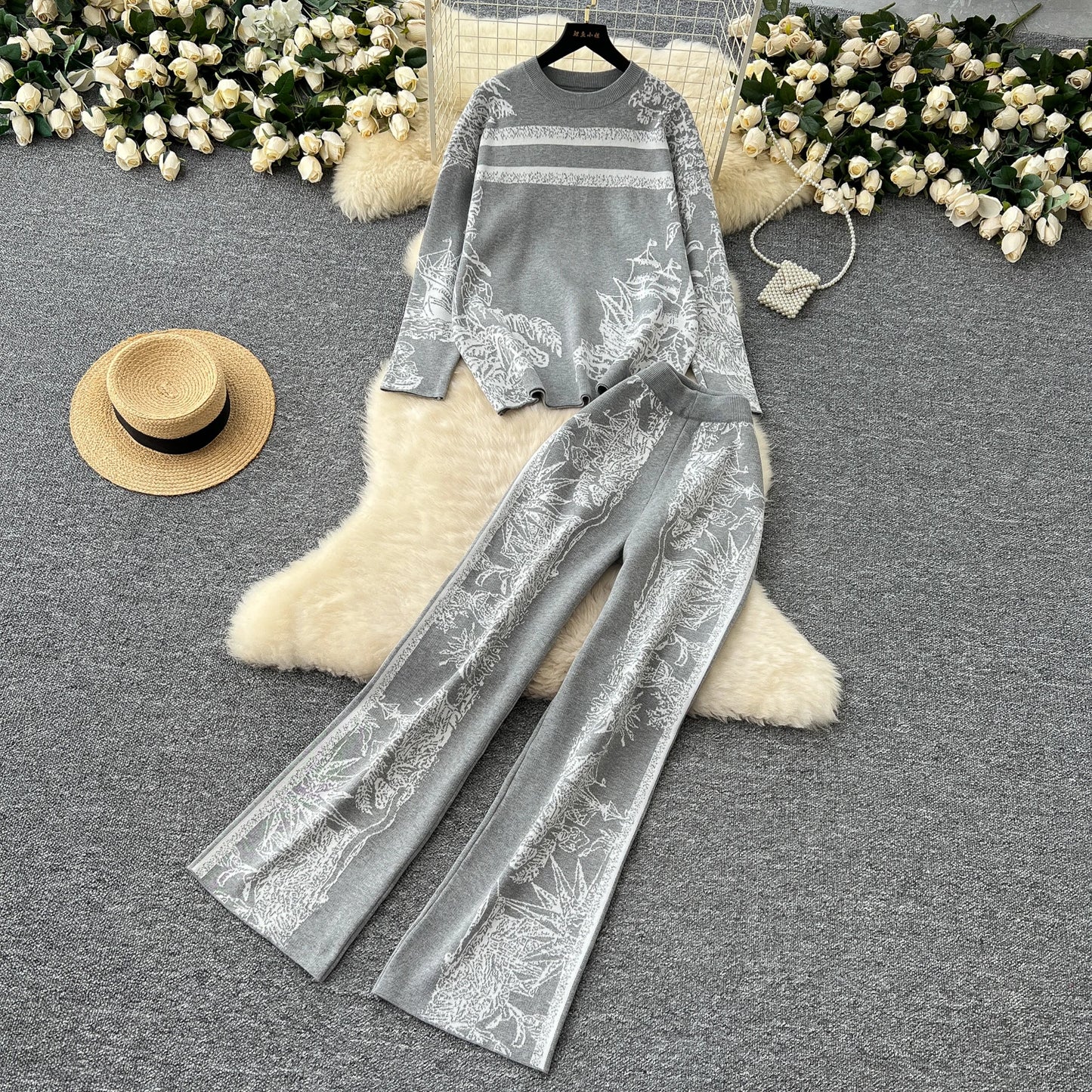 Two Pieces Suits Women Long Sleeve O Neck Sweater+Wide Leg Pants