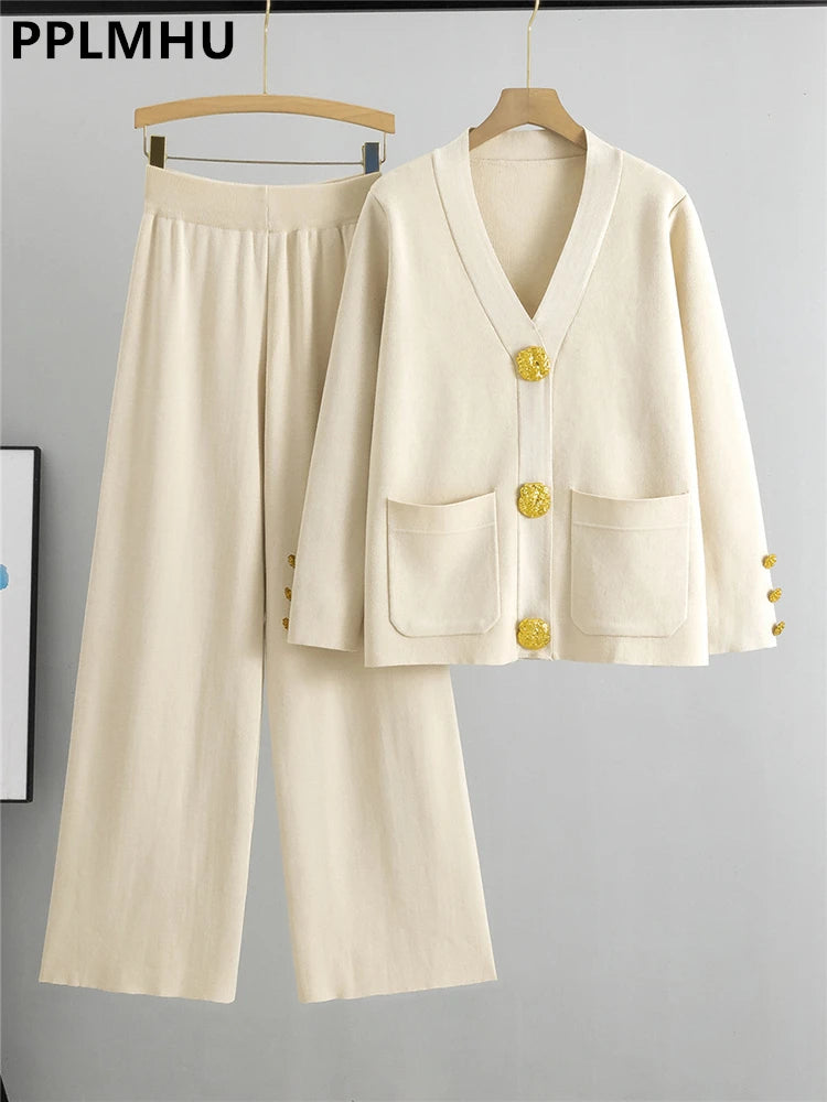 Sweater Sets Large Gold Button V-neck