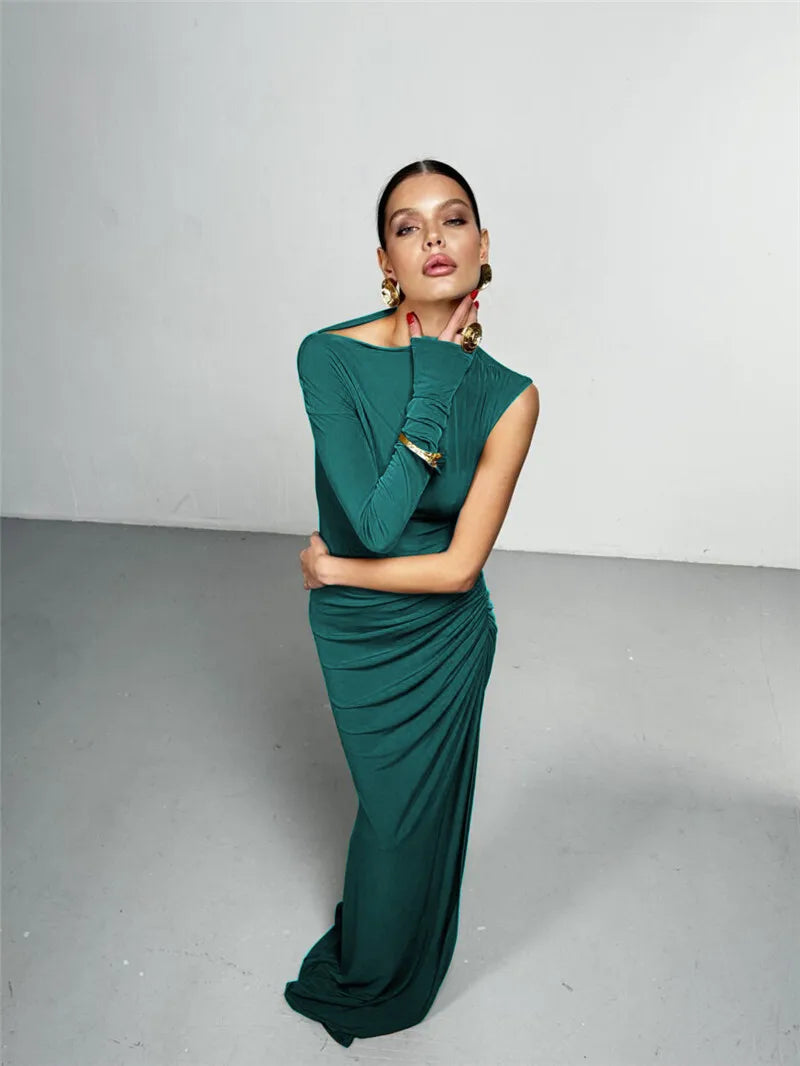 Skew Collar One Sleeve Maxi Dress