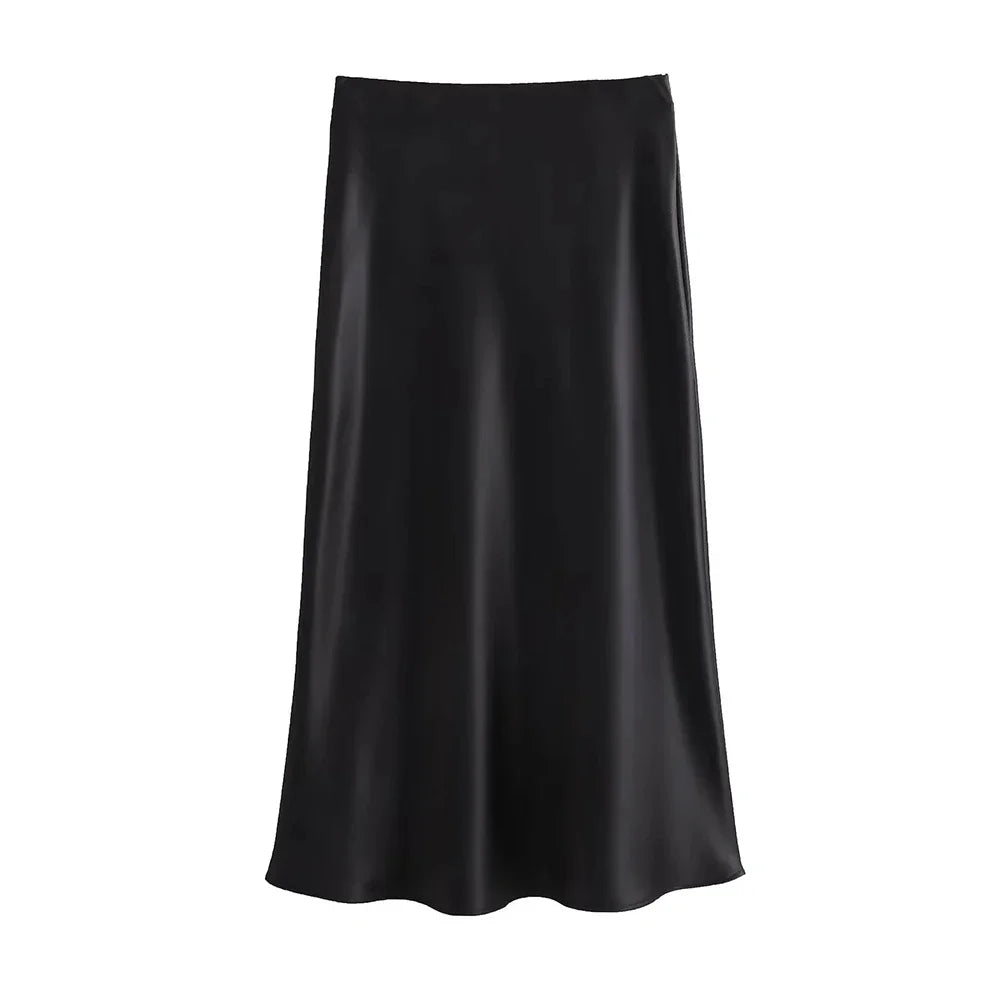 Women's Flowing Satin Midi Skirt, High Waist With Elastic Waistband, Female Skirts, Chic Fashion