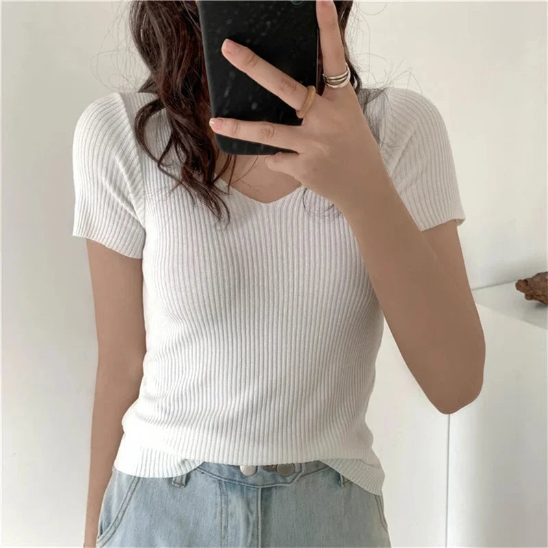 V-neck  Knitted Ribbed Sweater