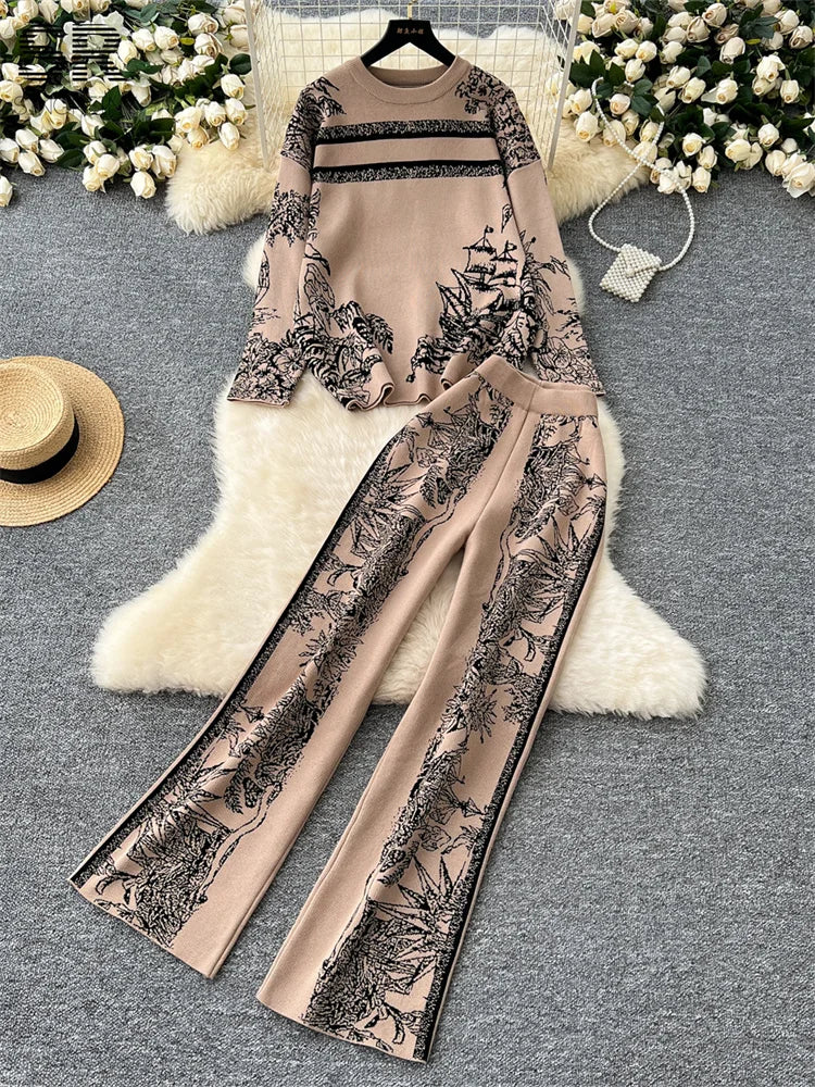 Two Pieces Suits Women Long Sleeve O Neck Sweater+Wide Leg Pants