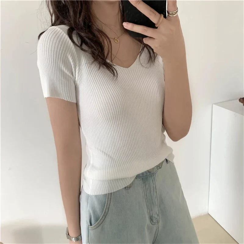 V-neck  Knitted Ribbed Sweater