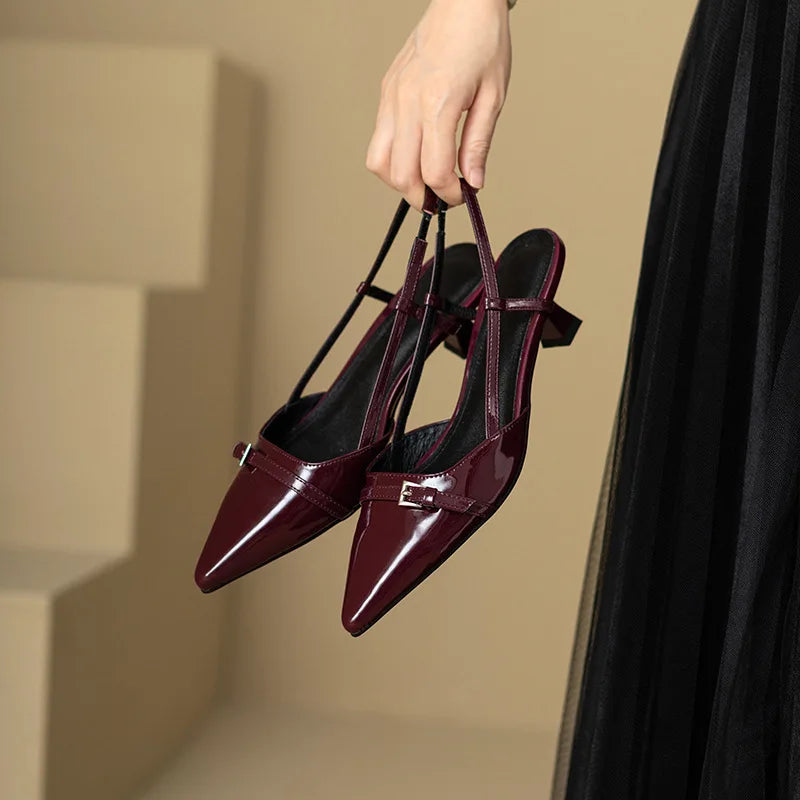 Wine Red Pointed Patent Leather Mid-heel Overhead Sandals Shoes