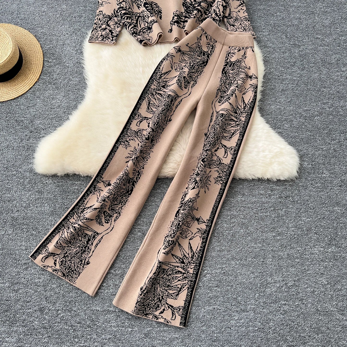 Two Pieces Suits Women Long Sleeve O Neck Sweater+Wide Leg Pants