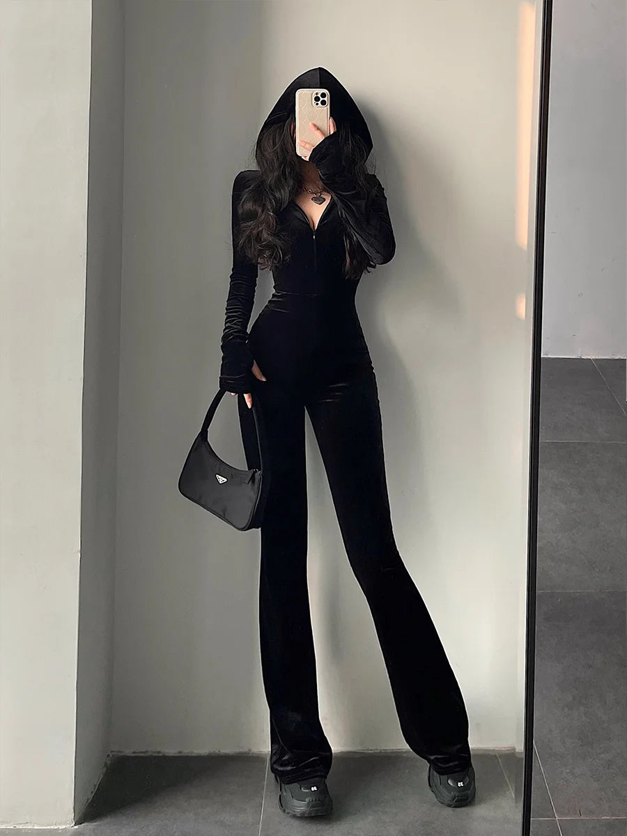 Black Velvet Slim Hooded Jumpsuit Rompers