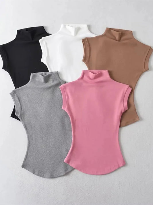 Turtleneck Sleeveless T-Shirts Top