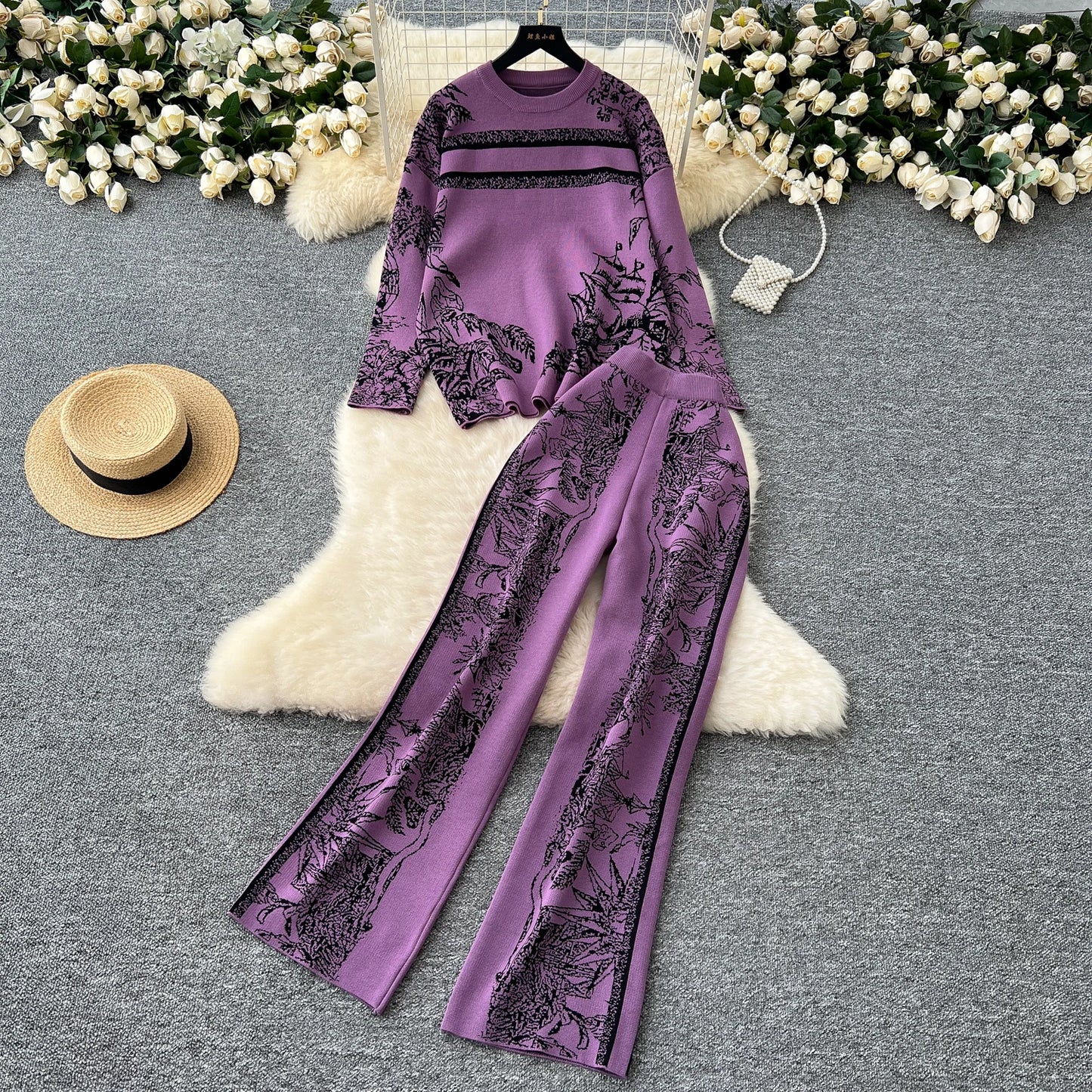 Two Pieces Suits Women Long Sleeve O Neck Sweater+Wide Leg Pants