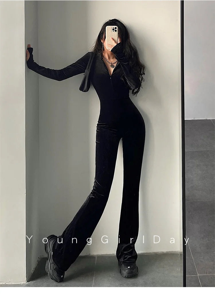 Black Velvet Slim Hooded Jumpsuit Rompers