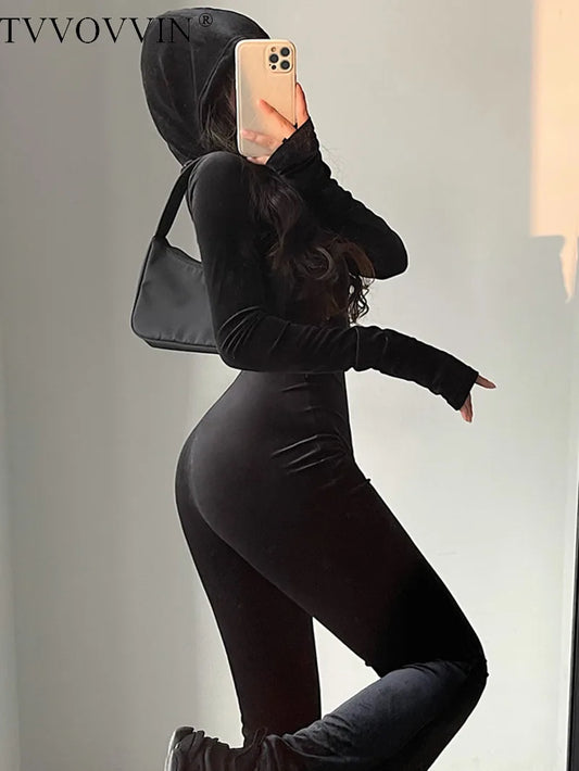 Black Velvet Slim Hooded Jumpsuit Rompers