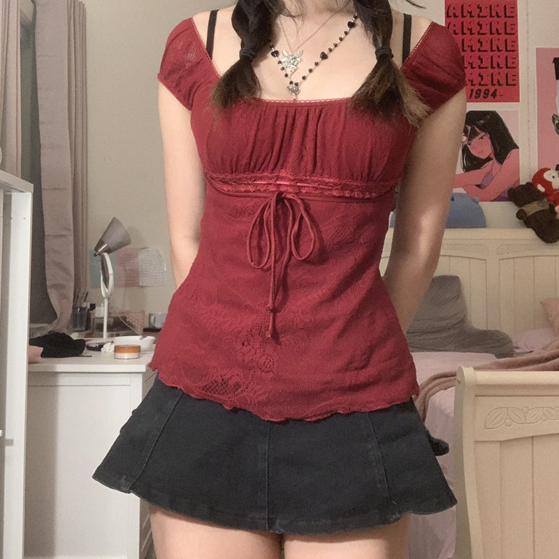 Square Collar T-shirt Kawaii Bow Short Sleeve