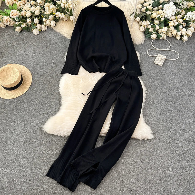 2 Piece Sets Long Sleeve O-Neck Sweater and Wide Leg Pants