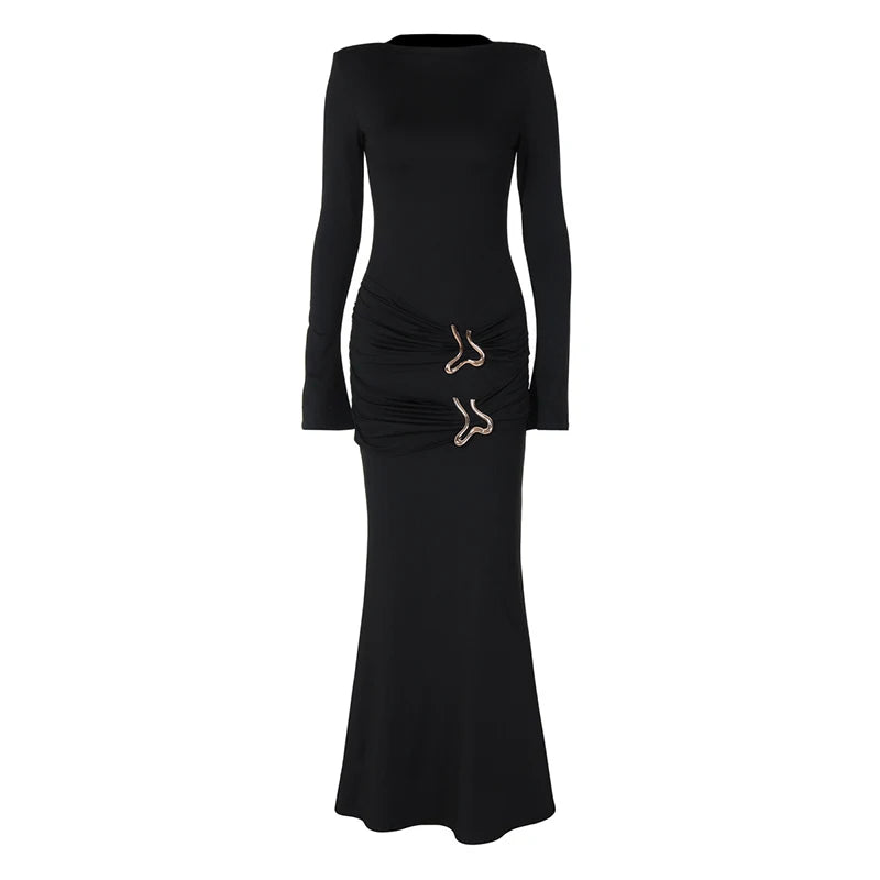 Long Sleeve O-neck Solid Long Dress