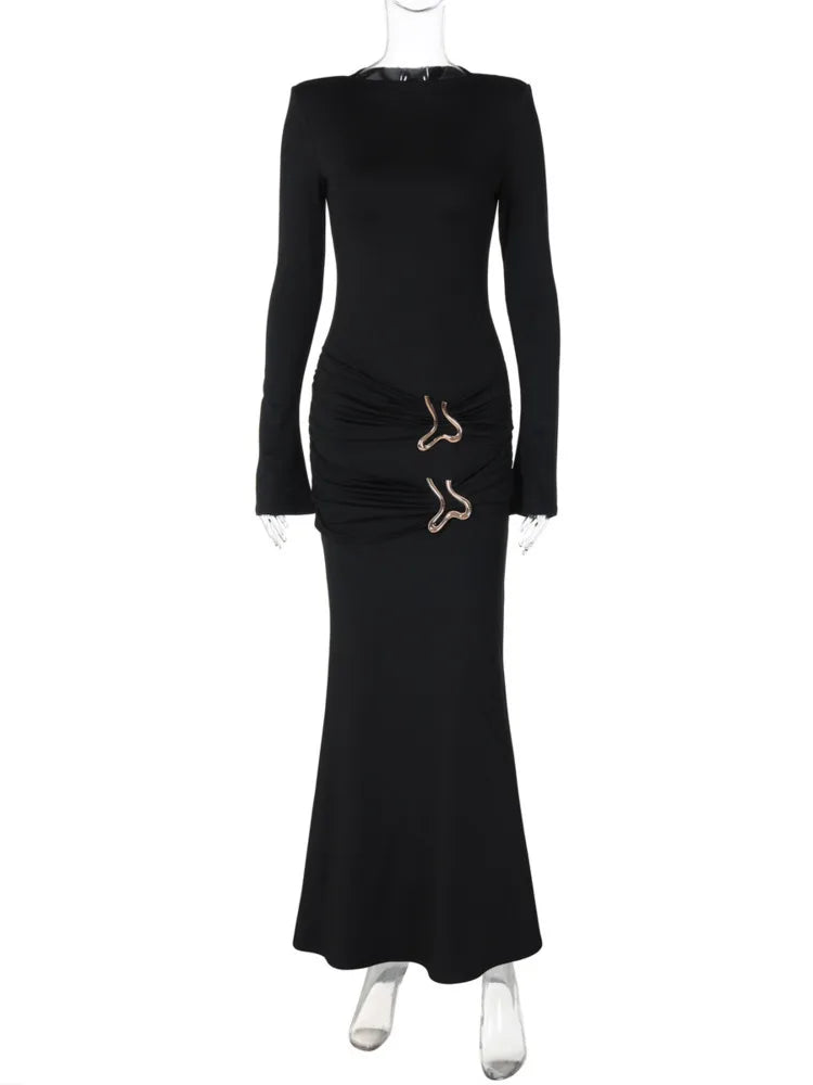 Long Sleeve O-neck Solid Long Dress