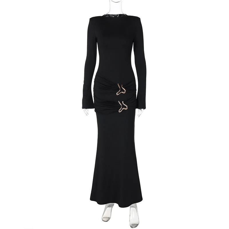 Long Sleeve O-neck Solid Long Dress