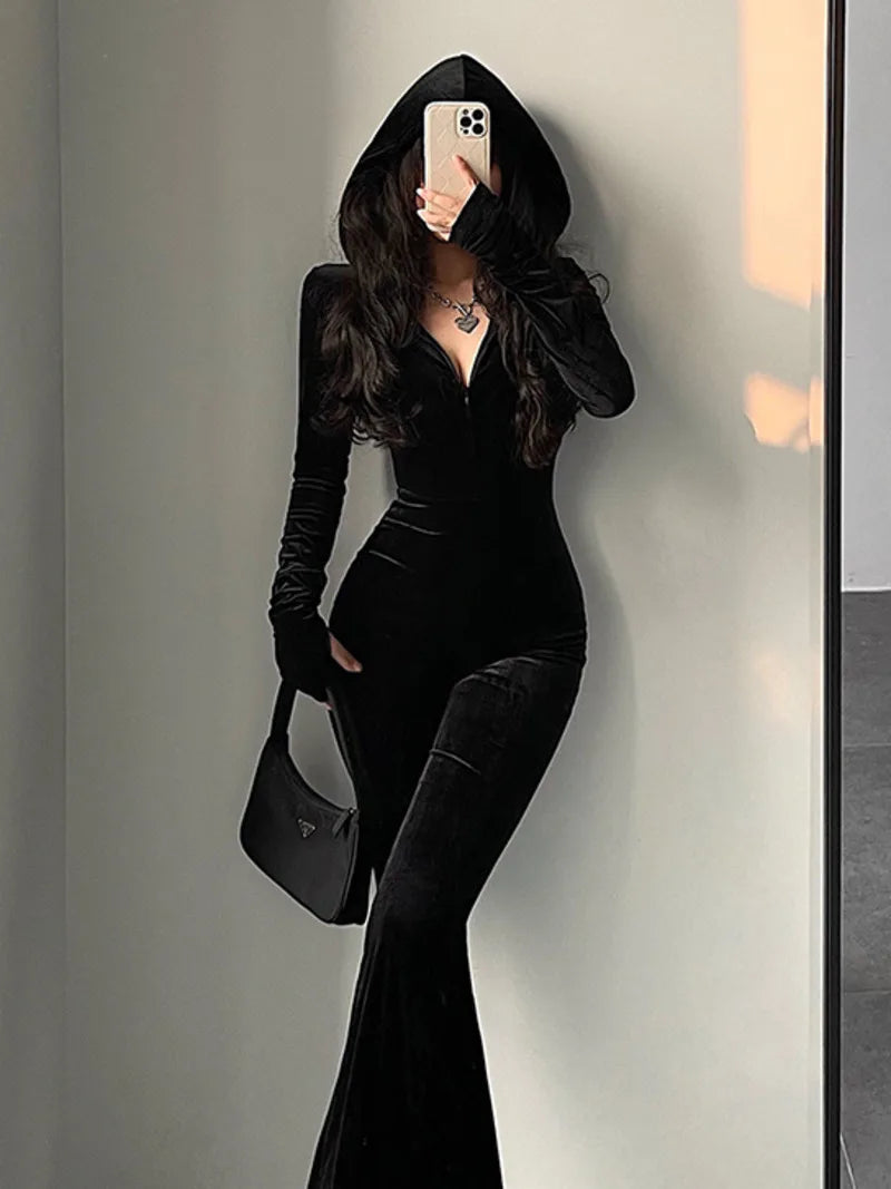 Black Velvet Slim Hooded Jumpsuit Rompers