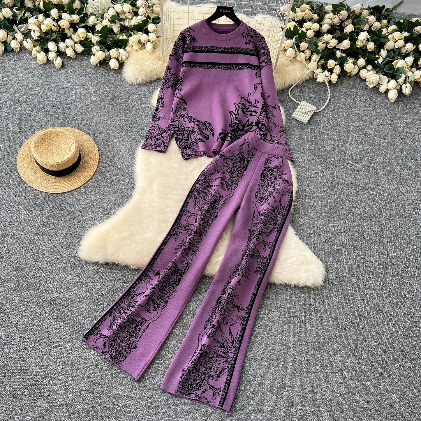 Two Pieces Suits Women Long Sleeve O Neck Sweater+Wide Leg Pants