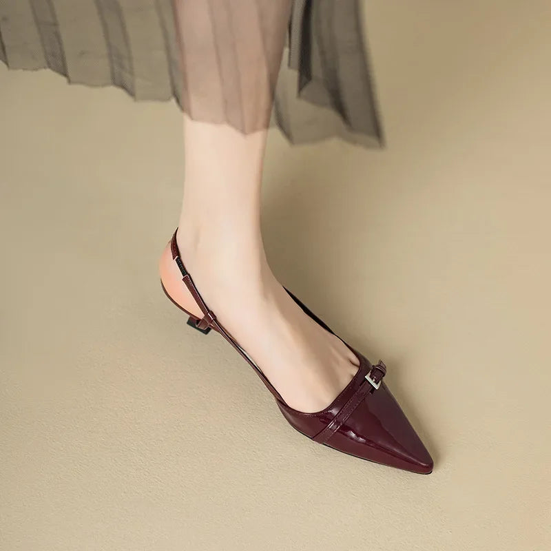 Wine Red Pointed Patent Leather Mid-heel Overhead Sandals Shoes