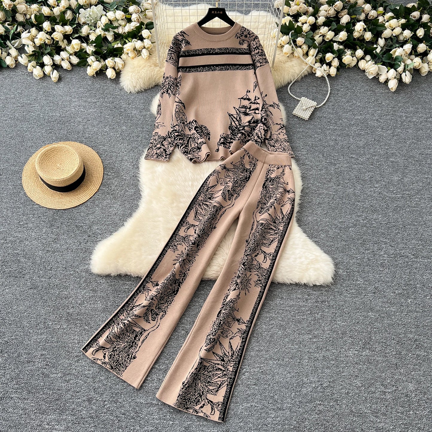 Two Pieces Suits Women Long Sleeve O Neck Sweater+Wide Leg Pants