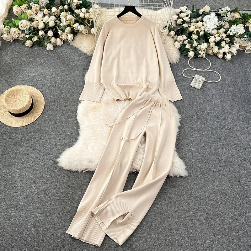 2 Piece Sets Long Sleeve O-Neck Sweater and Wide Leg Pants