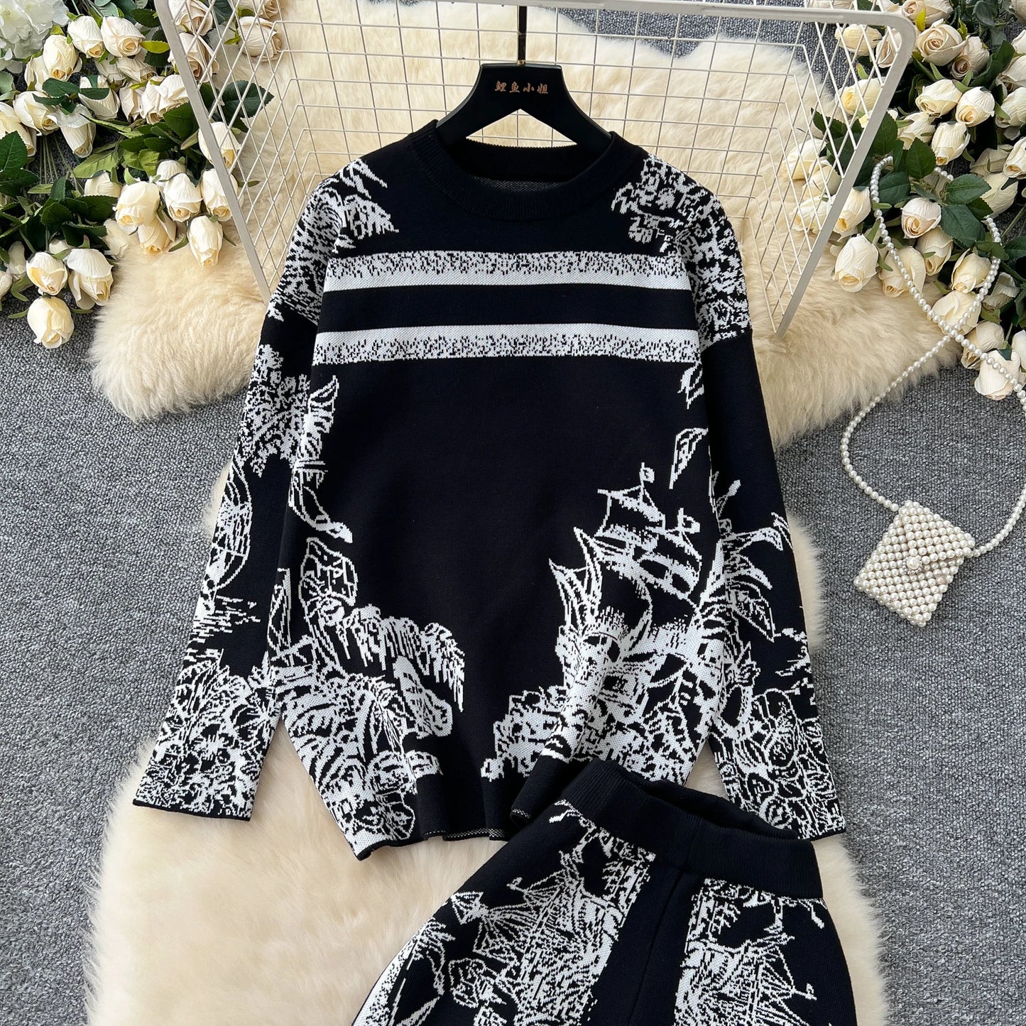 Two Pieces Suits Women Long Sleeve O Neck Sweater+Wide Leg Pants